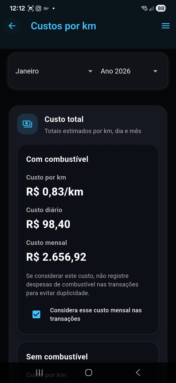 Custos por km - Custo total com combustível