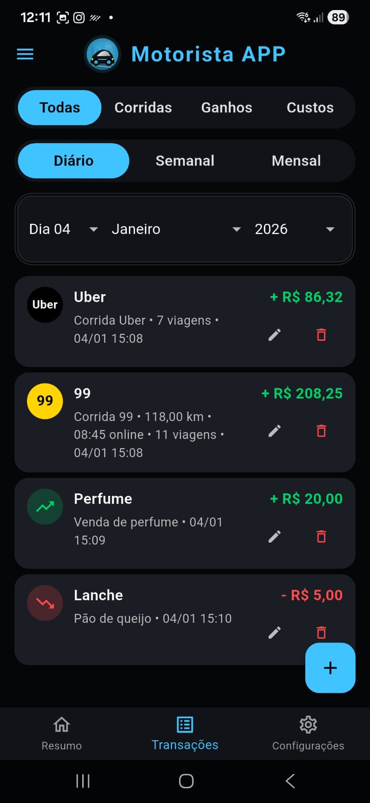 Tela de Transações do Motorista APP